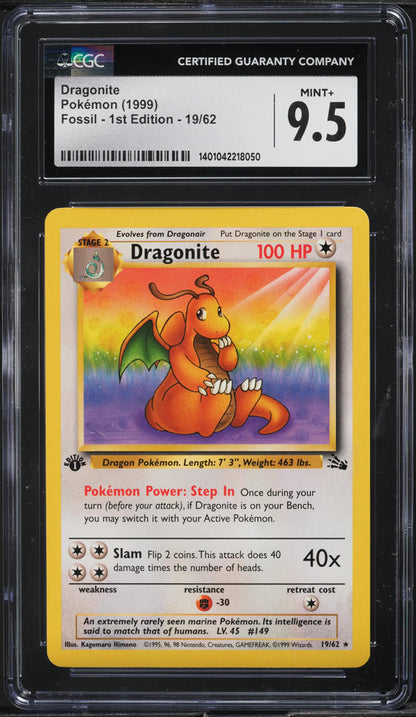 1999 POKEMON FOSSIL 1ST EDITION DRAGONITE #19 CGC 9.5 MINT+