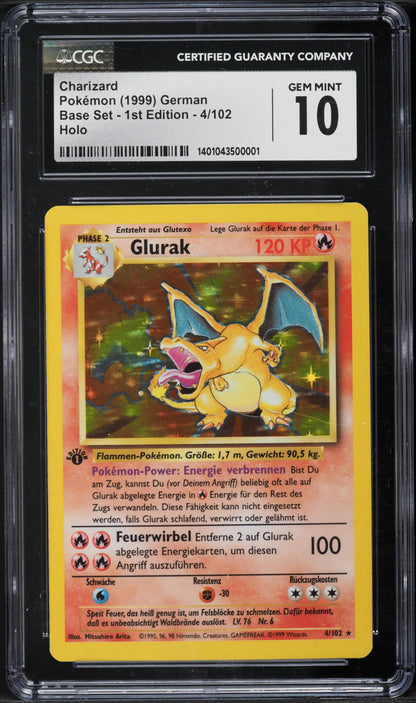 1999 POKEMON GERMAN BASE SET 1ST EDITION HOLO CHARIZARD #4 CGC 10 GEM MINT