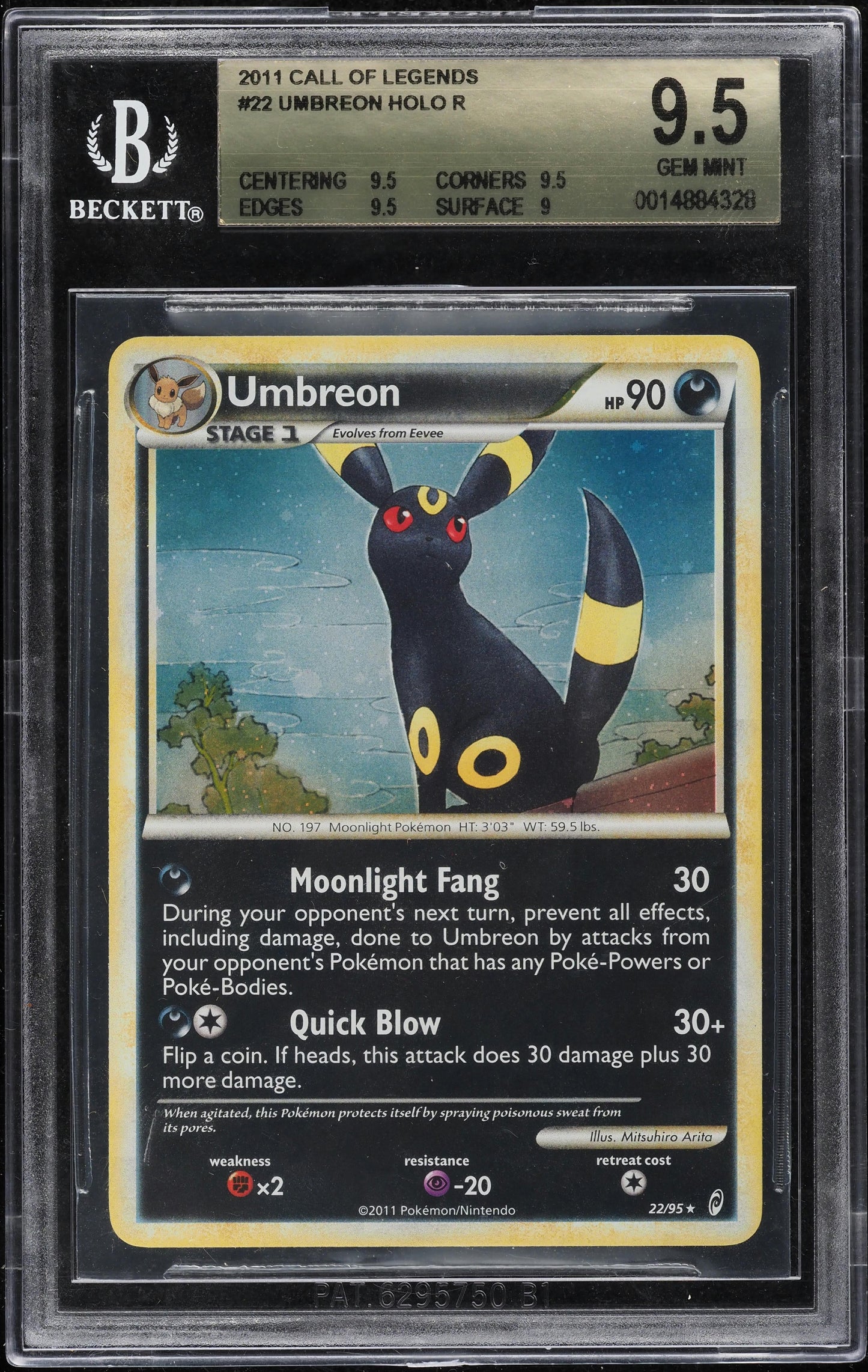 2011 POKEMON CALL OF LEGENDS HOLO UMBREON #22 BGS 9.5 GEM MINT