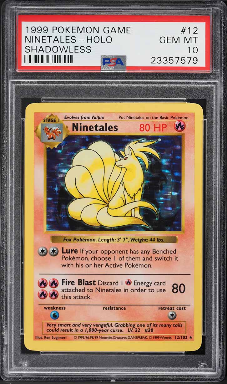 1999 POKEMON BASE SET SHADOWLESS HOLO NINETALES #12 PSA 10 GEM MINT