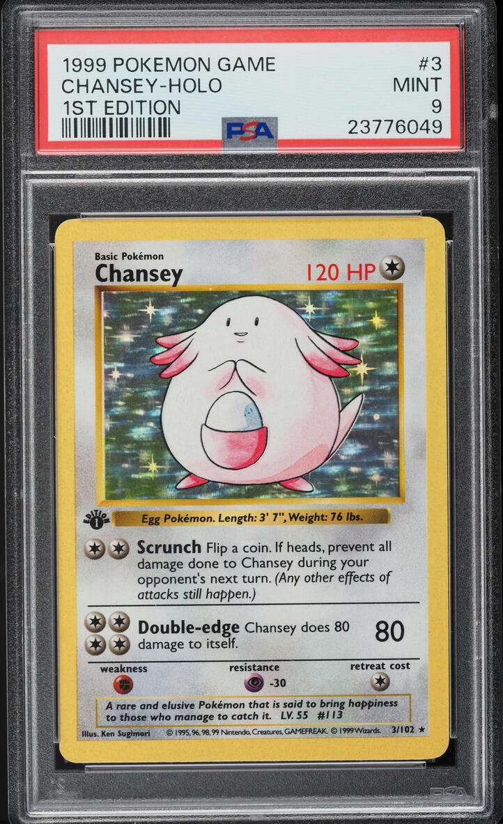 1999 POKEMON BASE SET SHADOWLESS 1ST EDITION HOLO CHANSEY #3 PSA 9 MINT