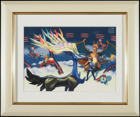 2014 POKEMON CENTER GALLERY COLLECTION 09 KEN SUGIMORI XERNEAS & CHARIZARD FRAMED ART PRINT