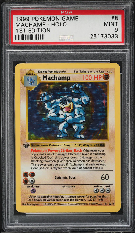 1999 POKEMON BASE SET SHADOWLESS 1ST EDITION HOLO MACHAMP #8 PSA 9 MINT