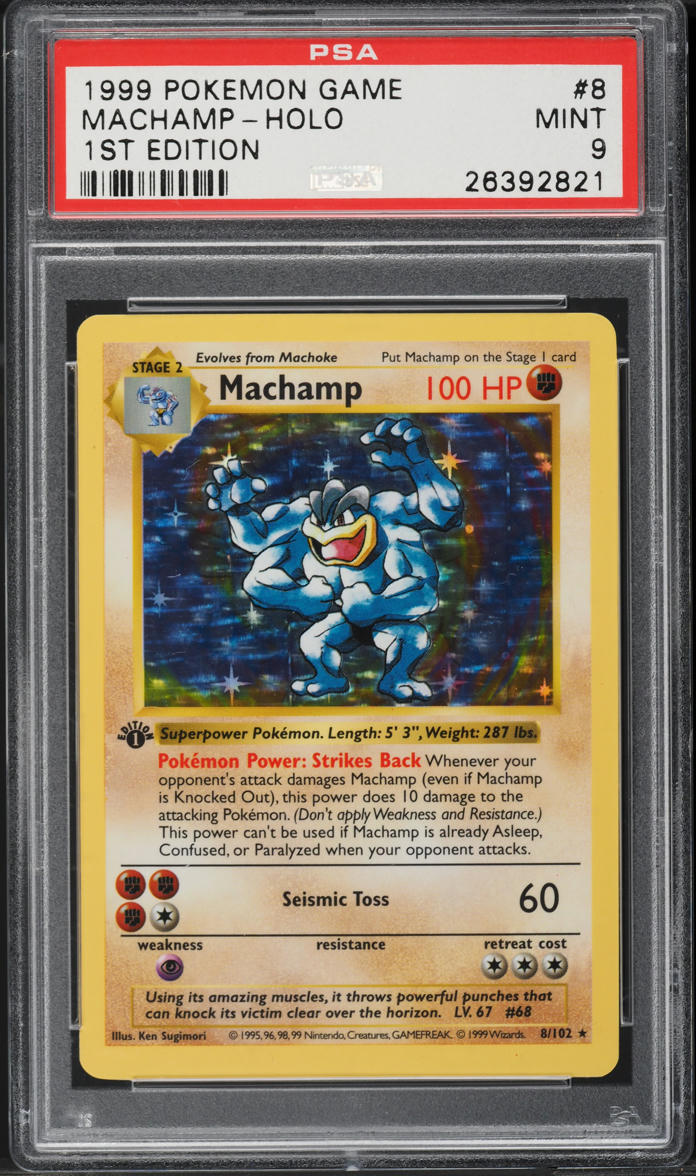 1999 POKEMON BASE SET SHADOWLESS 1ST EDITION MACHAMP #8 PSA 9