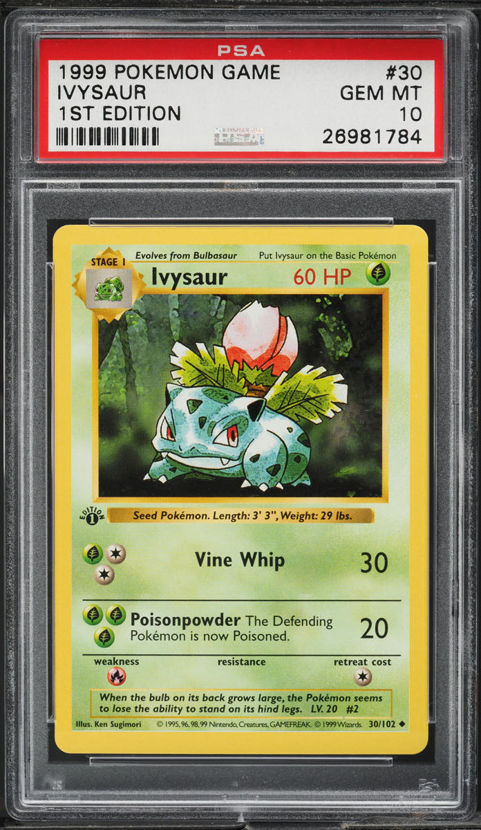 1999 POKEMON BASE SET SHADOWLESS 1ST EDITION IVYSAUR #30 PSA 10 GEM MINT