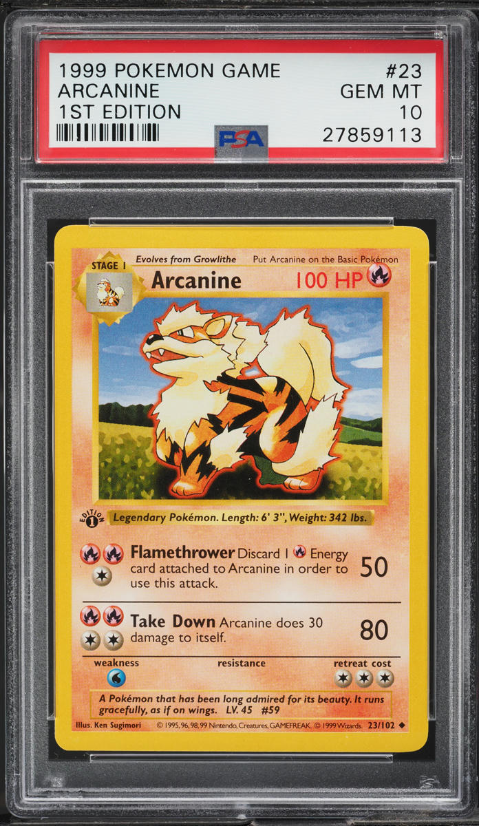 1999 POKEMON BASE SET SHADOWLESS 1ST EDITION ARCANINE #23 PSA 10 GEM MINT