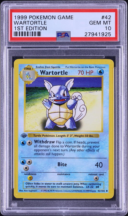 1999 POKEMON BASE SET SHADOWLESS 1ST EDITION WARTORTLE #42 PSA 10 GEM MINT