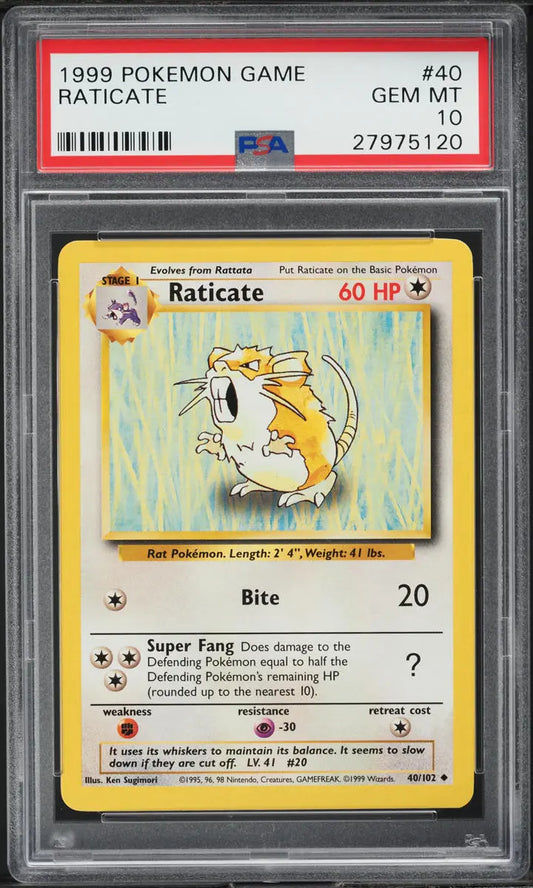 1999 POKEMON BASE SET RATICATE #40 PSA 10 GEM MINT