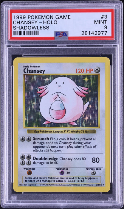 1999 POKEMON BASE SET SHADOWLESS HOLO CHANSEY #3 PSA 9 MINT