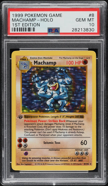 1999 POKEMON BASE SET SHADOWLESS 1ST EDITION HOLO MACHAMP #8 PSA 10
