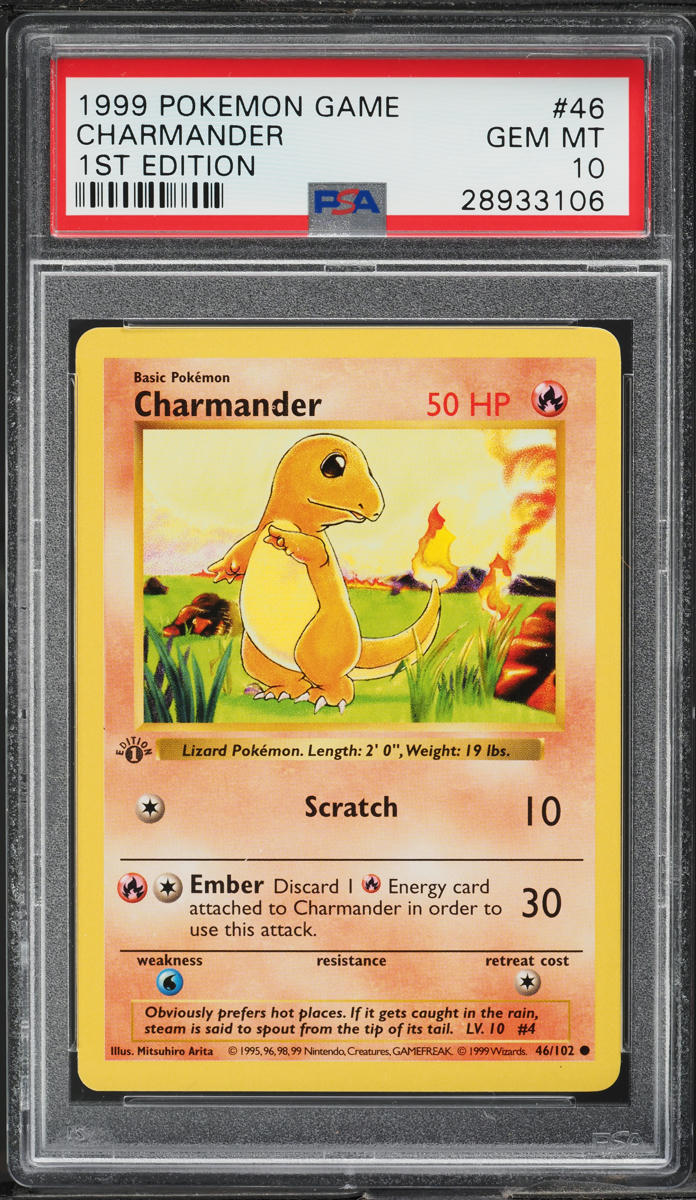 1999 POKEMON BASE SET SHADOWLESS 1ST EDITION CHARMANDER #46 PSA 10 GEM MINT