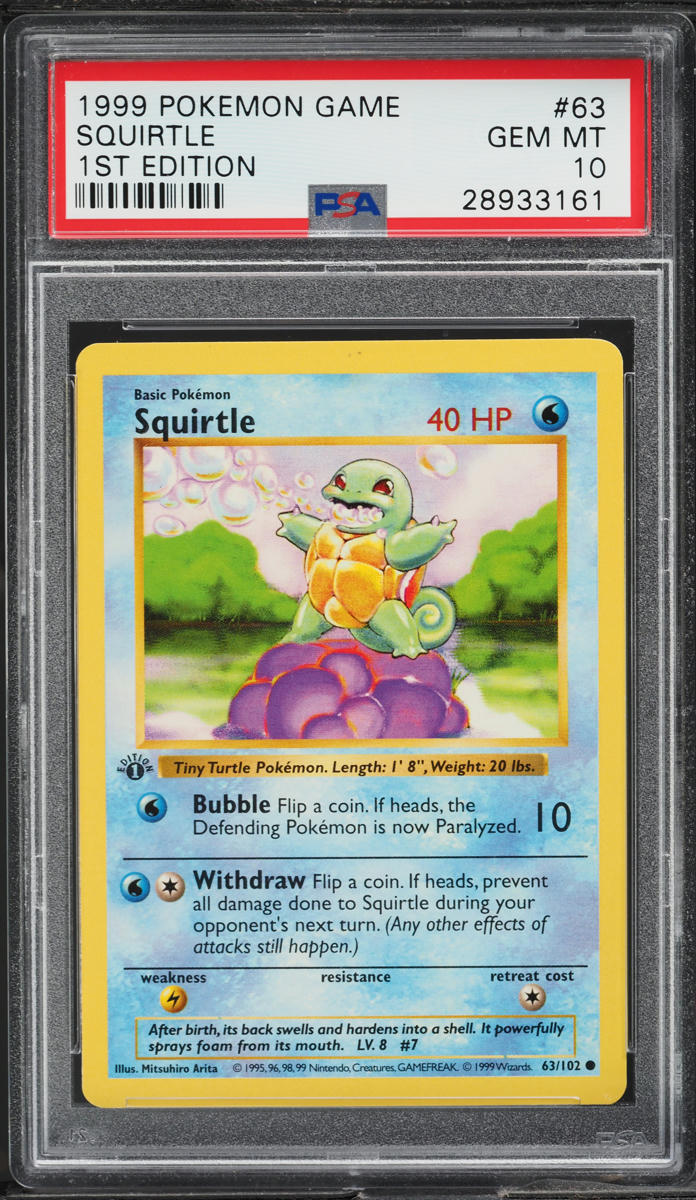 1999 POKEMON BASE SET SHADOWLESS 1ST EDITION SQUIRTLE #63 PSA 10 GEM MINT