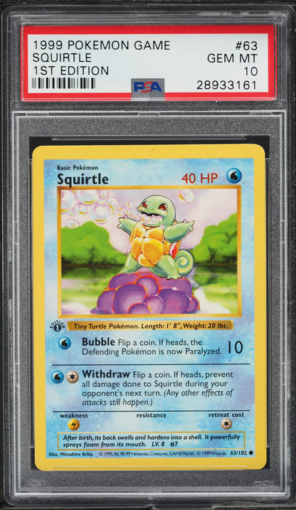 1999 POKEMON BASE SET SHADOWLESS 1ST EDITION SQUIRTLE #63 PSA 10 GEM MINT