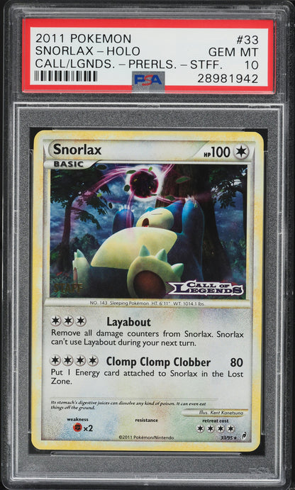 2011 POKEMON CALL OF LEGENDS PRERELEASE STAFF HOLO SNORLAX #33 PSA 10 GEM MINT