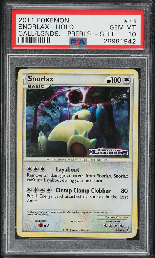 2011 POKEMON CALL OF LEGENDS PRERELEASE STAFF HOLO SNORLAX #33 PSA 10 GEM MINT