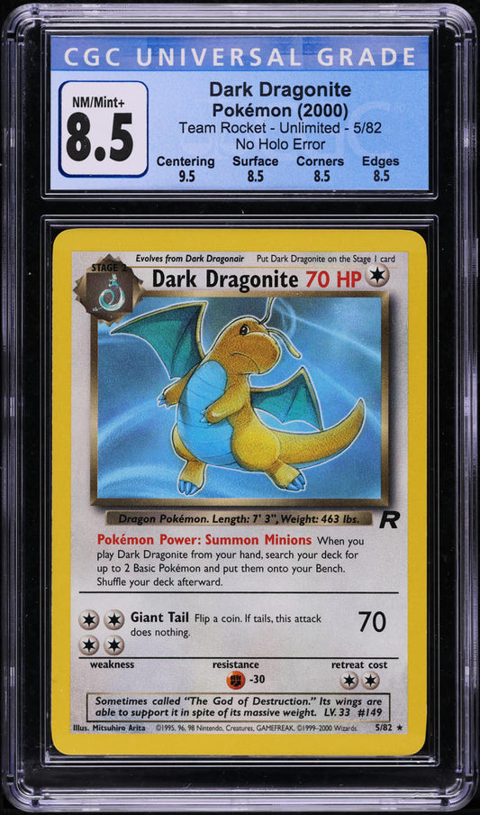 2000 POKEMON TEAM ROCKET NO HOLO ERROR DARK DRAGONITE #5 CGC 8.5 NM-MT+