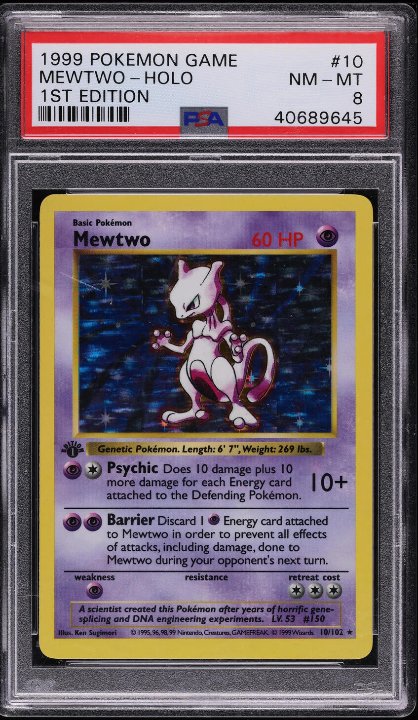 1999 POKEMON BASE SET SHADOWLESS 1ST EDITION HOLO MEWTWO #10 PSA 8 NM-MT