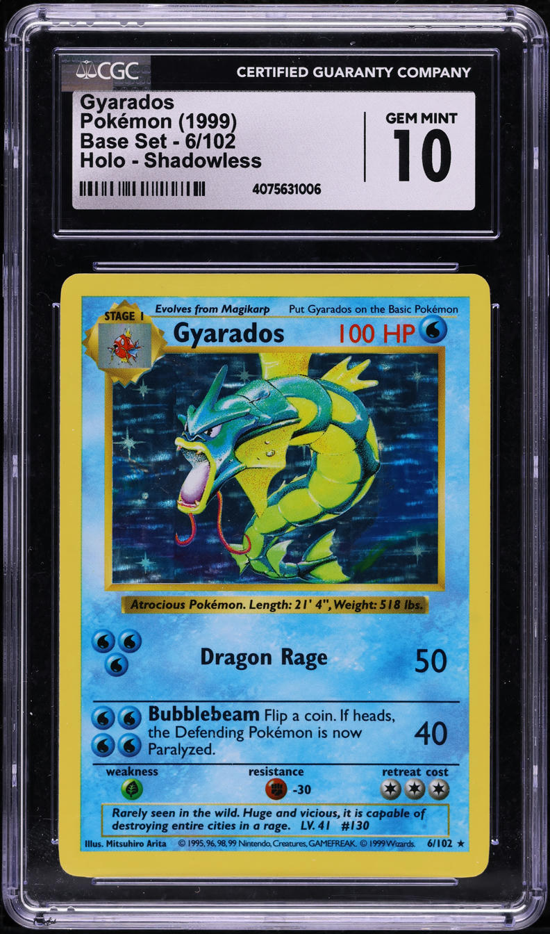 1999 POKEMON BASE SET SHADOWLESS HOLO GYARADOS #6 CGC 10 GEM MINT