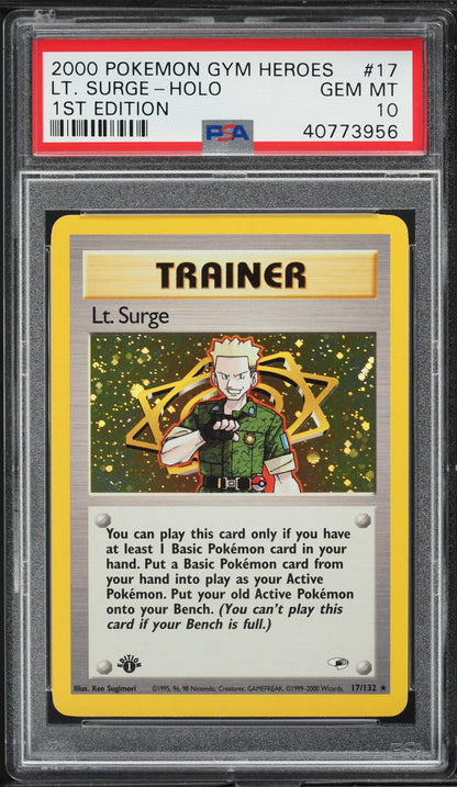 2000 POKEMON GYM HEROES 1ST EDITION HOLO LT. SURGE #17 PSA 10 GEM MINT