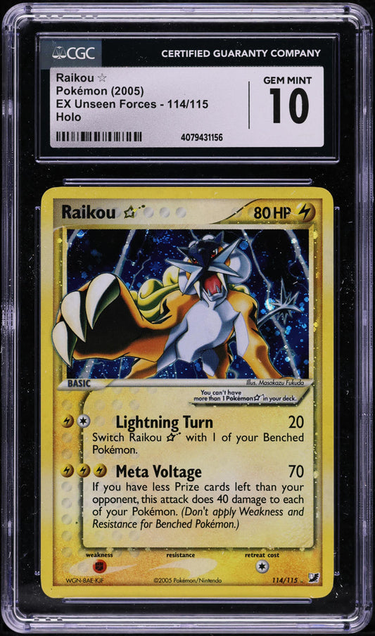 2005 POKEMON EX UNSEEN FORCES HOLO RAIKOU GOLD STAR #114 CGC 10