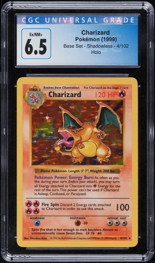 1999 POKEMON BASE SET SHADOWLESS HOLO SHADOWLESS CHARIZARD #4 CGC 6.5 EXMT+