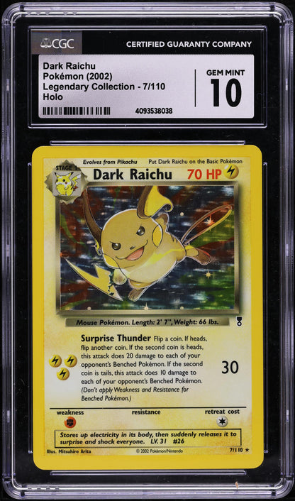 2002 POKEMON LEGENDARY COLLECTION HOLO DARK RAICHU #7 CGC 10 GEM MINT