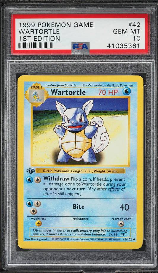 1999 POKEMON BASE SET SHADOWLESS 1ST EDITION WARTORTLE #42 PSA 10 GEM MINT