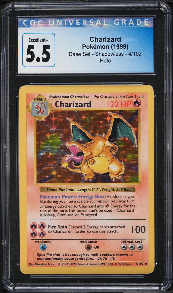 1999 POKEMON BASE SET SHADOWLESS HOLO CHARIZARD #4 CGC 5.5 EX+