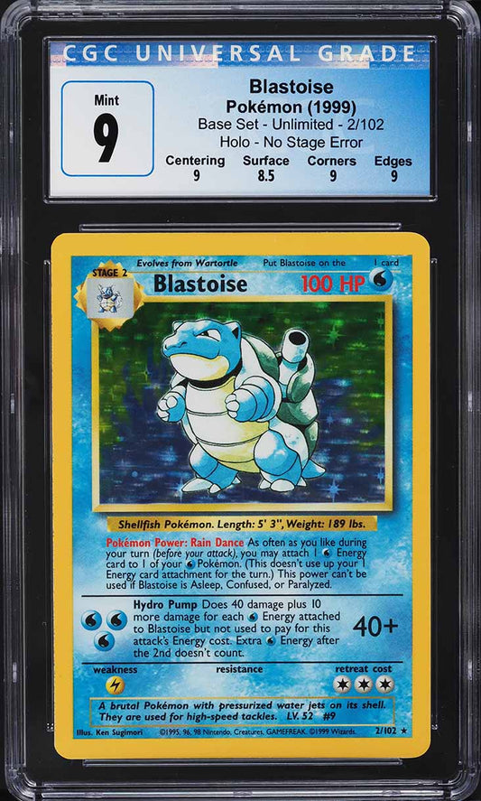 1999 POKEMON BASE SET HOLO NO STAGE ERROR BLASTOISE #2 CGC 9 MINT