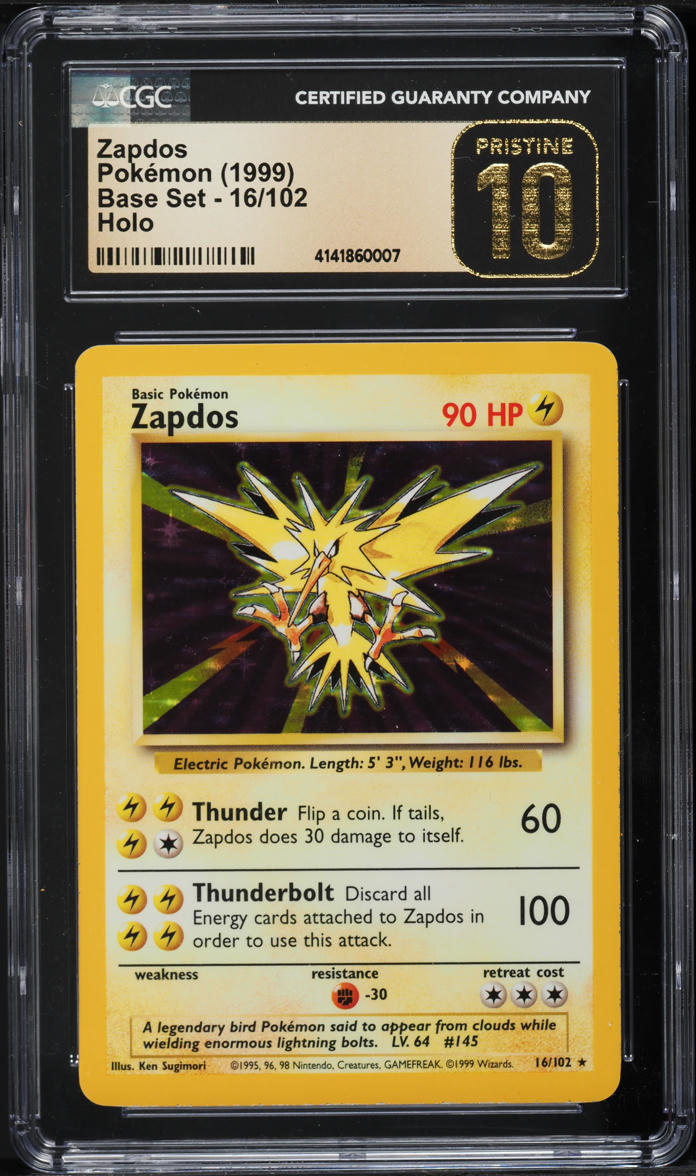 1999 POKEMON BASE SET HOLO ZAPDOS #16 CGC 10 PRISTINE