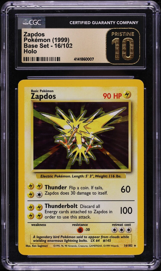1999 POKEMON BASE SET HOLO ZAPDOS #16 CGC 10 PRISTINE