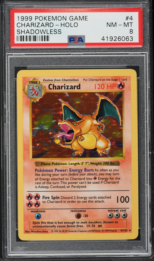 1999 POKEMON BASE SET SHADOWLESS HOLO CHARIZARD #4 PSA 8 NM-MT
