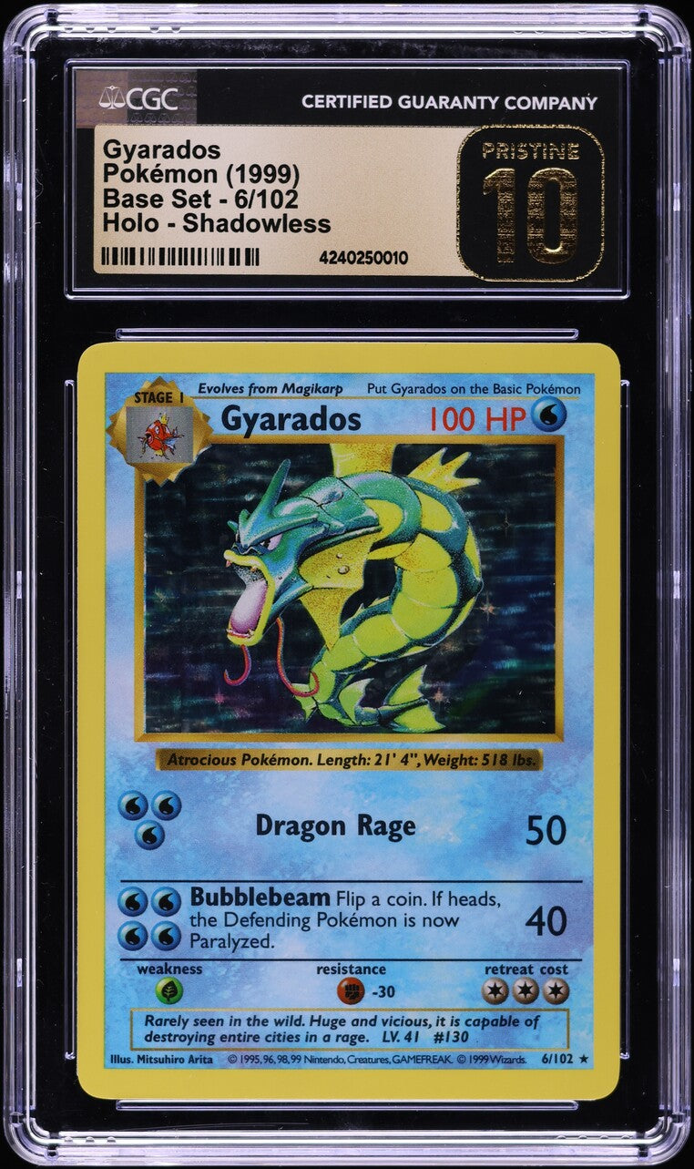 1999 POKEMON BASE SET SHADOWLESS HOLO GYARADOS #6 CGC 10 PRISTINE