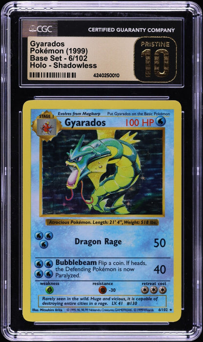 1999 POKEMON BASE SET SHADOWLESS HOLO GYARADOS #6 CGC 10 PRISTINE