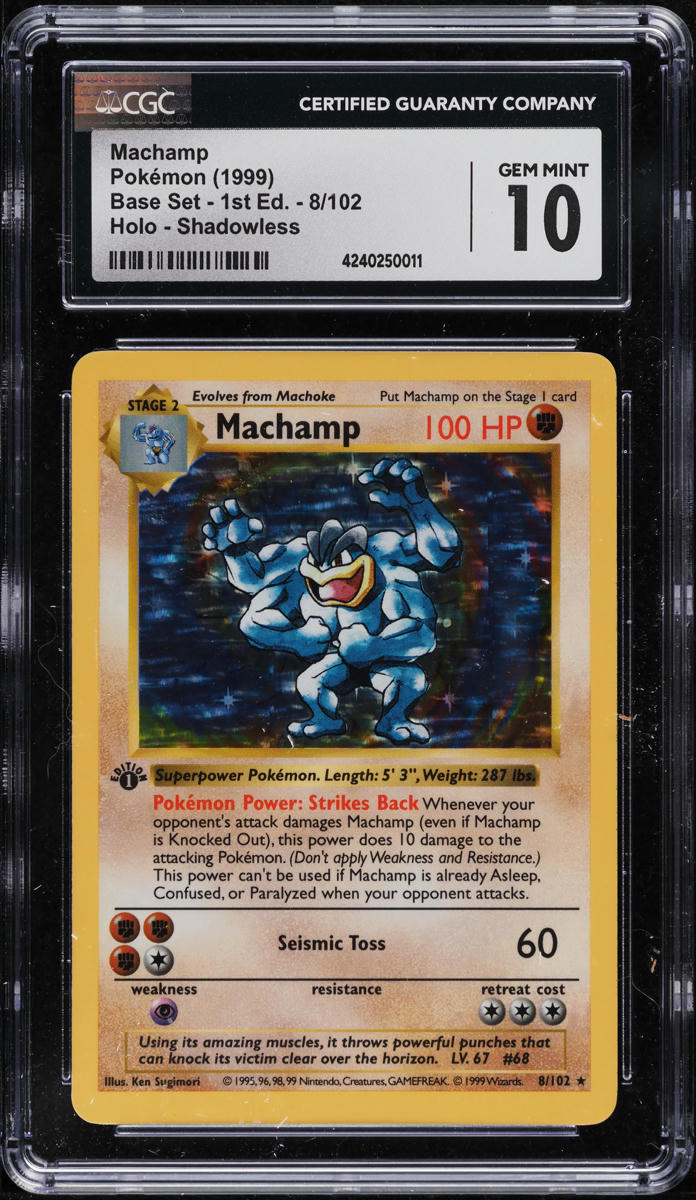 1999 POKEMON BASE SET SHADOWLESS 1ST EDITION HOLO MACHAMP #8 CGC 10