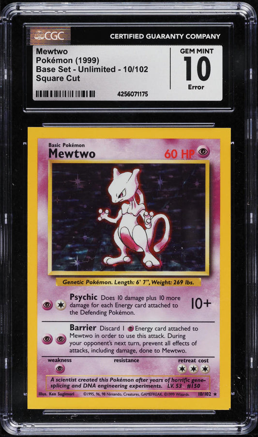 1999 POKEMON BASE SET SQUARE CUT HOLO MEWTWO #10 CGC 10 GEM MINT