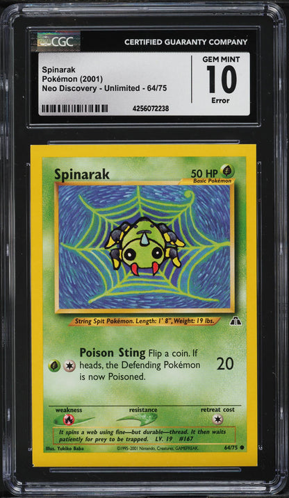 2001 POKEMON NEO DISCOVERY SQUARE CUT ERROR SPINARAK #64 CGC 10 GEM MINT