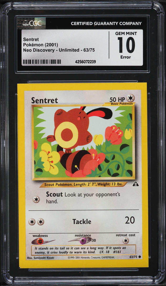 2001 POKEMON NEO DISCOVERY SQUARE CUT ERROR SENTRET #63 CGC 10 GEM MINT