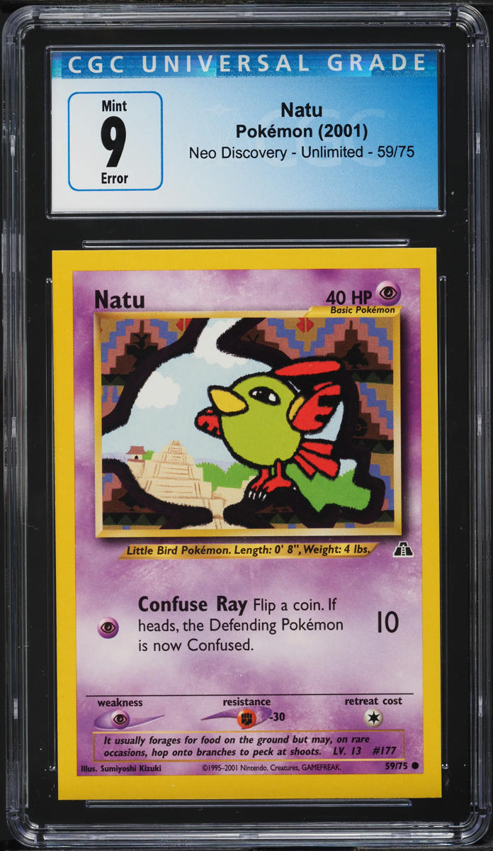 2001 POKEMON NEO DISCOVERY SQUARE CUT ERROR NATU #59 CGC 9 MINT