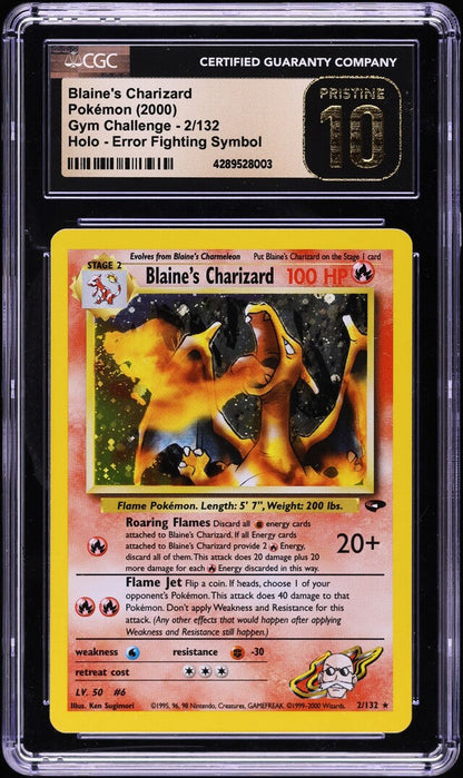 2000 POKEMON GYM CHALLENGE ERROR FIGHTING SYMBOL HOLO BLAINE'S CHARIZARD #2 CGC 10 PRISTINE