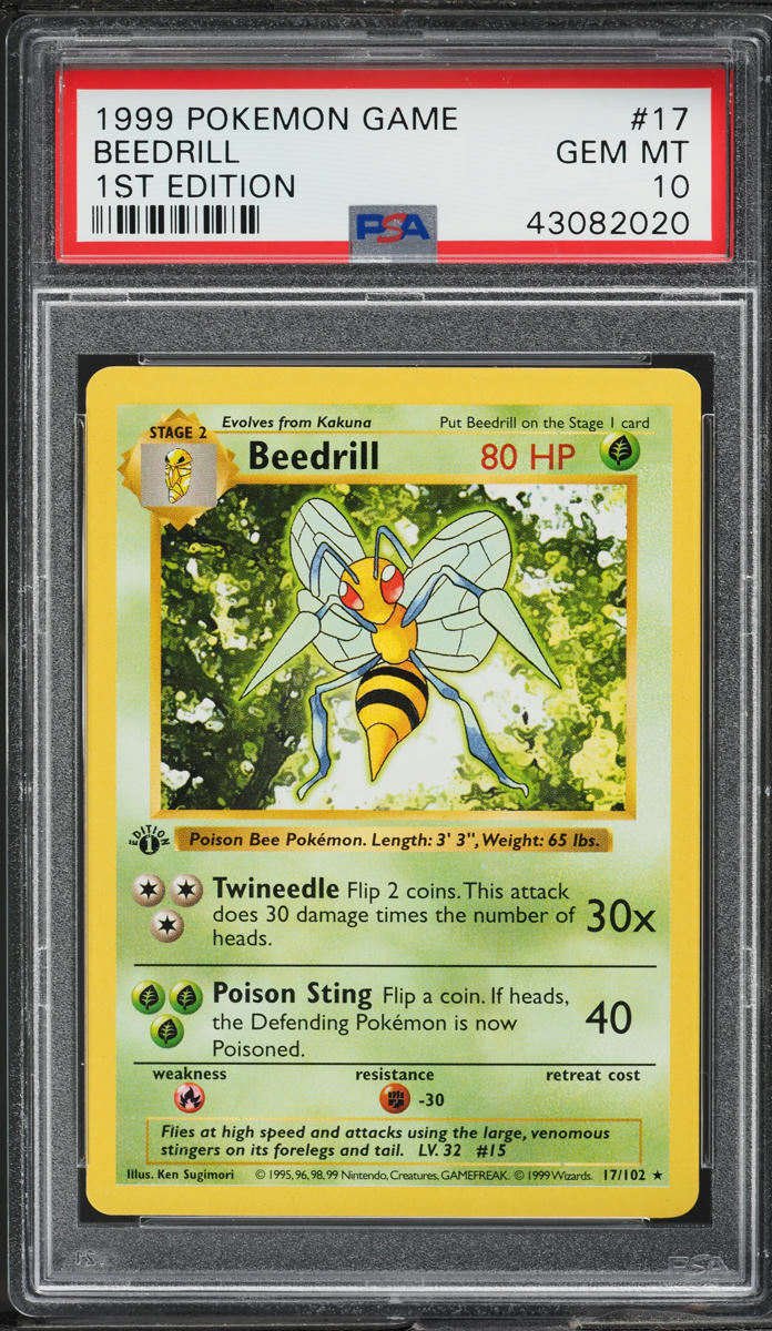 1999 POKEMON BASE SET SHADOWLESS 1ST EDITION BEEDRILL #17 PSA 10 GEM MINT