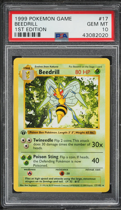 1999 POKEMON BASE SET SHADOWLESS 1ST EDITION BEEDRILL #17 PSA 10 GEM MINT