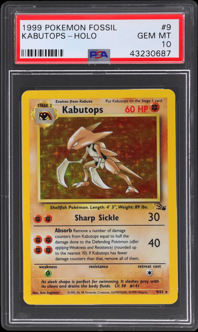 1999 POKEMON FOSSIL HOLO KABUTOPS #9 PSA 10