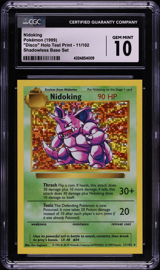 1999 POKEMON BASE SET SHADOWLESS DISCO HOLO TEST PRINT NIDOKING #11 CGC 10 *POP 2*