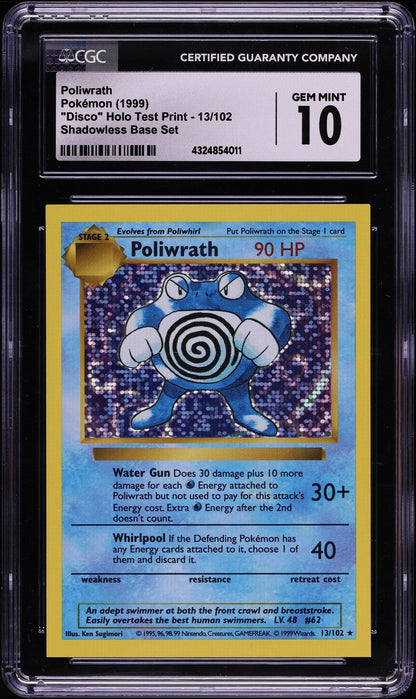 1999 POKEMON BASE SET SHADOWLESS DISCO HOLO TEST PRINT POLIWRATH #13 CGC 10 *POP 3*