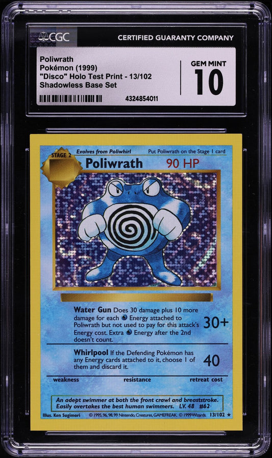 1999 POKEMON BASE SET SHADOWLESS DISCO HOLO TEST PRINT POLIWRATH #13 CGC 10 *POP 3*