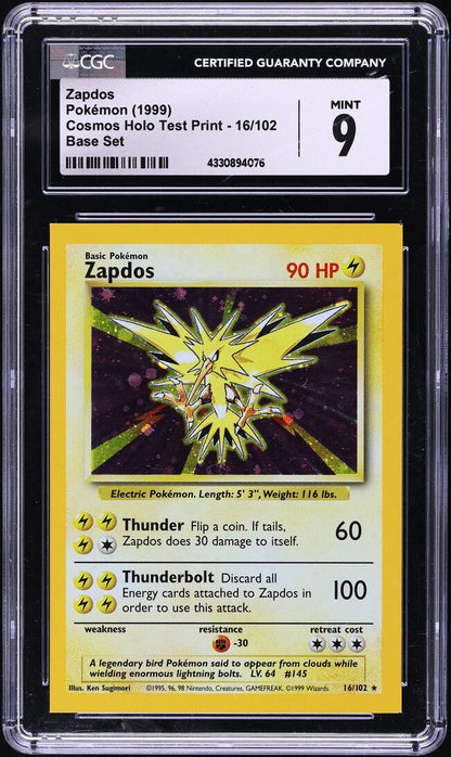 1999 POKEMON BASE SET COSMOS HOLO TEST PRINT ZAPDOS #16 CGC 9
