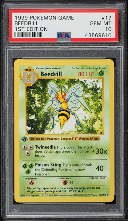 1999 POKEMON BASE SET SHADOWLESS 1ST EDITION BEEDRILL #17 PSA 10 GEM MINT