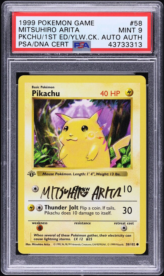1999 POKEMON BASE SET 1ST EDITION YELLOW CHEEKS PIKACHU #58 ARITA AUTO AUTH PSA 9