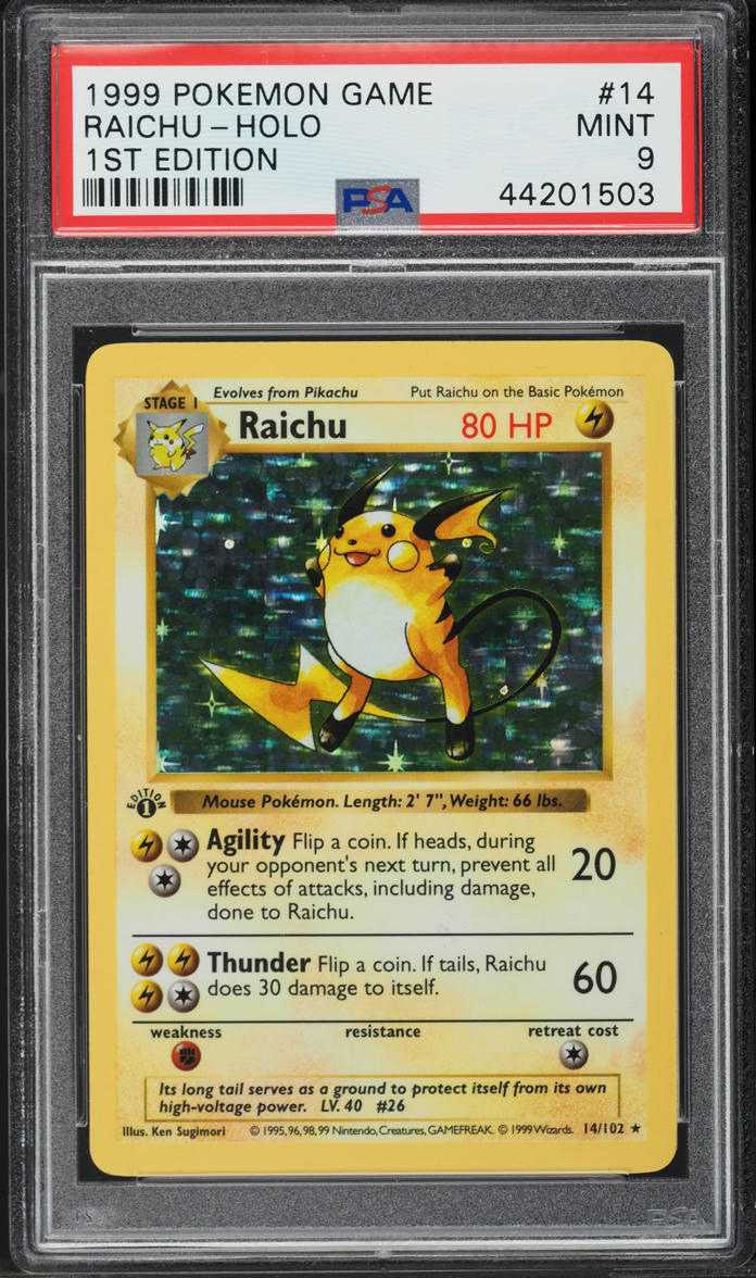 1999 POKEMON BASE SET 1ST EDITION HOLO RAICHU #14 PSA 9 MINT